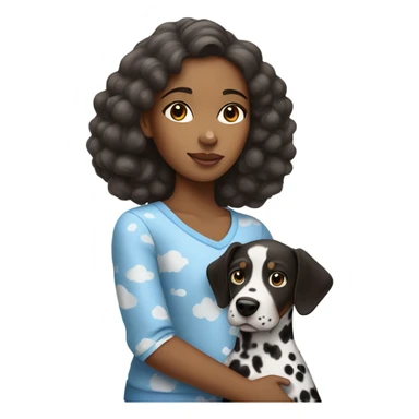 Brown girl wearing a blue top with clouds holding a dalmatian  sticker