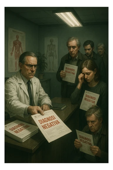 A realistic, cinematic illustration set in a dull, grey-toned medical office. A middle-aged male doctor in a white coat with a stern, cold expression is seated at his desk, handing out medical reports with large red ‘Negative Diagnosis’ stamps to each patient in line. The patients, of various ages and appearances, stand in a line, each looking increasingly sad, defeated, and demoralized as they receive their papers, with slumped shoulders and empty gazes. One young woman wipes away a tear, while a man stares at the paper in shock. The background shows medical posters, a faded plant, and harsh fluorescent lighting, emphasizing the cold, mechanical environment. The mood is heavy, illustrating how negative diagnoses delivered without empatia can deeply affect the mental health and morale of patients. The style is realistic, with subtle filmic grain, emphasizing emotional impact and the weight of medical words on people’s lives. in italiano sticker