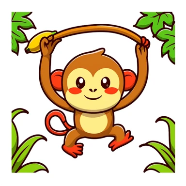 A surreal hybrid creature that is half monkey (top) and half banana (bottom). Green monkey with red facial features on top, and an opened banana peel forming the lower body. In a lush jungle environment with hanging vines and tropical foliage sticker