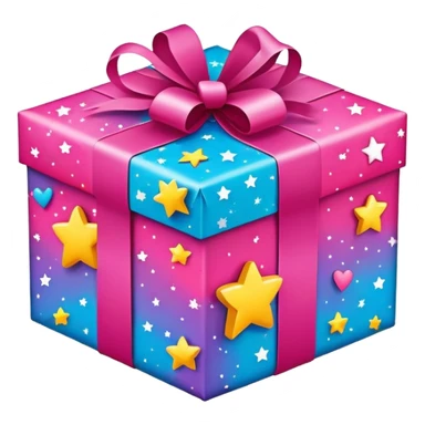 cute gift box with sparkling stars and hearts, smiling wrapping paper, vibrant colors, joyful and romantic mood sticker