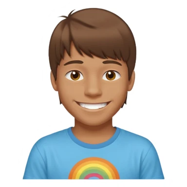 16 yr old boy, brown hair, straight, big smile, white teeth, tanned skin, bangs, hippie part sticker