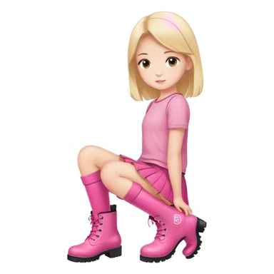  top and skirt with pink inscription “girl”  squatting in pink boots sticker
