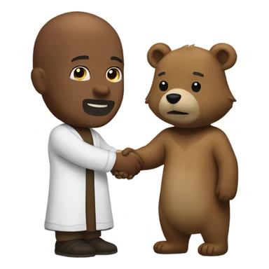 (bald man in biblical robe) shaking hands with (grizzly bear) sticker