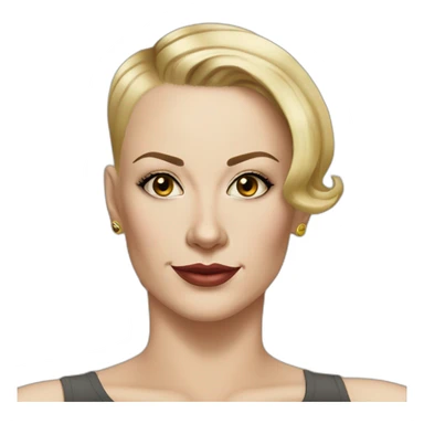 white woman in her forties hazel eyes shaved hair on one side blond short hair on other side upturned nose black tanker tattoo on the shoulders sticker