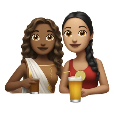 puerto rican woman light skin with shoulder-length, wavy, brown hair drinking latte with Roman woman with black, straight hair drinking espresso at table sticker