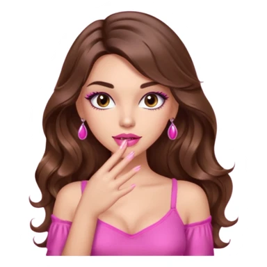 girl with long wavy brown hair, brown eyes, light to medium complexion, in a pink sexy top, pink lips, long lashes, puckered lips, showing my manicure one hand sticker