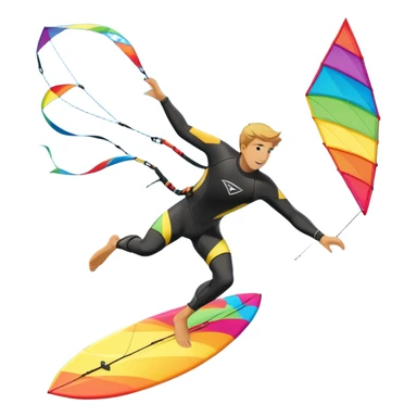 A kite surfer gliding across the ocean, with a colorful kite soaring high in the sky and the surfer carving through the waves. The scene captures the energy and freedom of the sport, with the sun shining and the ocean's waves splashing around. sticker