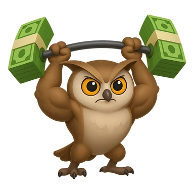 В стилистике эмоджи сгенерируй сову-штангистку. Она с накачанными крыльями пытается поднять штангу, с блинами в виде пачек зеленых купюр, прозрачный фон sticker