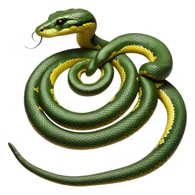 A photo-realistic top-down view of a Green Anaconda tightly coiled in a spiral, with its broad, flat head resting at the center. Its thick, muscular body is olive-green and covered in symmetrical, bold black oval spots that stand out against its smooth scales, creating striking natural camouflage. sticker