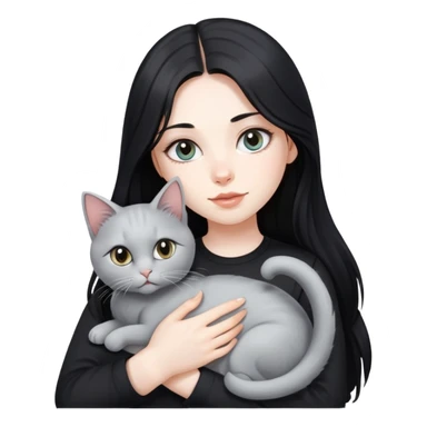 beautiful girl with long black hair wearing a black shirt holding a silver-colored cat sticker