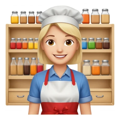 grown  2D line-drawn character + small bright shop sticker