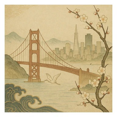 {
  "style_description": {
    "overall_look": "Traditional Japanese painting with a refined and serene aesthetic rooted in classical techniques",
    "material_simulation": {
      "primary_material": "natural pigments on washi or silk",
      "texture_detail": "subtle paper grain, matte finish, soft brushwork",
      "pattern": "occasional use of classical Japanese motifs such as plum blossoms, waves, or cranes"
    },
    "geometry": {
      "edge_style": "fluid and organic linework with gentle outlines",
      "dimensionality": "flat perspective with carefully balanced negative space"
    },
    "color_palette": {
      "scheme": "earthy and muted tones with occasional gold or mineral highlights",
      "preferred_colors": ["indigo", "sumi black", "reddish brown", "soft greens", "off-white"],
      "contrast": "low contrast, harmonious tones"
    },
    "lighting": {
      "type": "diffused, implied through tone rather than shading",
      "purpose": "maintain the contemplative and meditative quality of the piece"
    },
    "render_constraints": {
      "avoid": ["realistic lighting", "high saturation", "modern cartoon outlines", "digital gradients"],
      "focus_on": ["natural harmony", "elegance", "quiet emotional expression"]
    },
    "background": {
      "color": "neutral or light washi-inspired background",
      "style": "plain or softly patterned with traditional elements",
      "lighting_consistency": "flat and even, no cast shadows or dramatic highlights"
    }
  }
}

{subject} = san francisco sticker