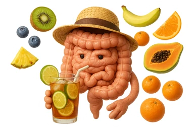 EMOJI STILE IPHONE DI INTESTINO UMANO REALISTICO CON CAPPELLO DI PAGLIA DA SPIAGGIA CHE BEVE UN Tè FREDDO IN BICCHIERE DI VETRO CON DENTRO  fette di cetriolo, limone, lime, DIETRO L'INTESTINO FLUTTUANO PEZZETTI DI Kiwi
Banana acerba
Arance e mandarini
Mirtilli
Ananas
Papaya
IPERREALISTICO 4K sticker