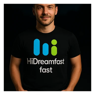 man wearing tshirt with this logo, dark night background with dim , add fast below logo, make man fit into image sticker