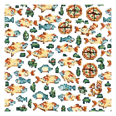Fish pizza with fish toppings on a pizza crust, 8-bit style sticker