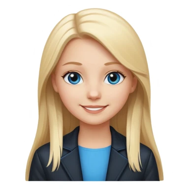 A white girl with long straight blonde hair, blue eyes and a white dress with a smiling black jacket sticker