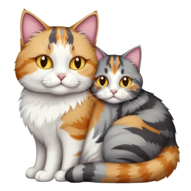 full body colourful light patched calico + white tabby cat cuddling a big dark grey and white tabby cat  sticker