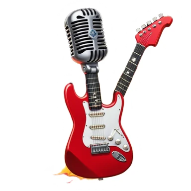 Create a fierce and edgy emoji representing hardcore rock vocal performance in a humanless collage. The design should feature a vintage microphone at the center, Add crossed drumsticks behind the microphone to symbolize the rhythm and power of the drums. surrounded by a menacing, distorted electric guitar with sharp, aggressive angles. Include subtle elements like lightning bolts, flames, or jagged sound waves to evoke the raw energy and intensity of hardcore rock. Use dark, intense colors like black, red, and silver, with a metallic, gritty finish to convey the rebellious, aggressive spirit of the genre. The background should be transparent. sticker