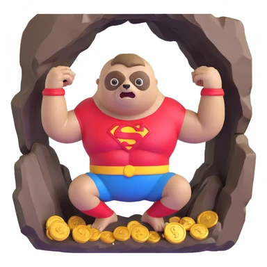 Sloth from The Goonies, muscular friendly man with distorted face, large eye, wearing red Superman shirt in a cave with treasure sticker