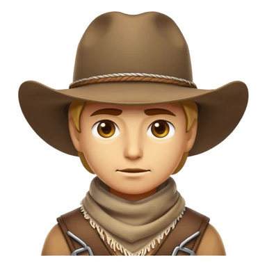 Clash of Clans aesthetic friendly Cowboy Portrait Emoji, With a rugged yet stylized build wearing a classic wide-brimmed hat and bandana, his face rendered in a natural skin tone (not yellow), determined eyes and a steely gaze, Simplified yet dynamic features, highly detailed, glowing with a warm, sunlit frontier radiance, high shine, brave and spirited, stylized with an air of Wild West heroism, focused and ready, soft glowing outline, capturing the essence of a fearless cowboy adventurer ready to ride into epic quests! sticker