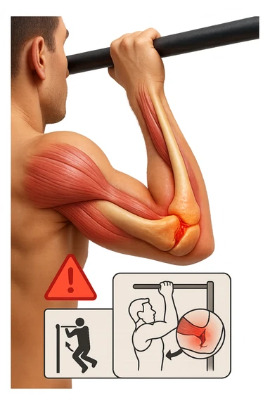3D, vertical anatomical visualization: close-up of a man’s elbow during a pull-up, with the internal anatomy visible. A clear rupture or lesion is shown in the tendon or ligament, colored in red and orange. Swelling and inflammation are depicted around the joint. A warning icon and a small infographic explain the mechanism of injury. sticker