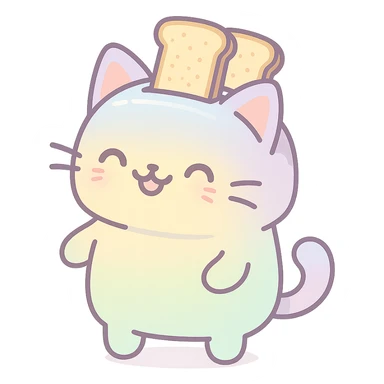 pastel kawaii cat with toaster features, two toast slices popping out, smiling, full-body sticker