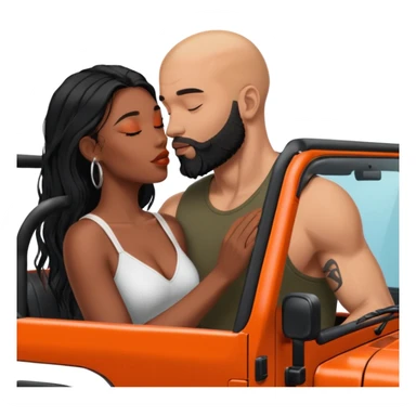 Intimate moment between lovers, JetSetFly, photo Realistic Couple, black woman with long black balayage hair is kissing bald white muscular man with orange facial hair and beard in a red Jeep Wrangler  sticker