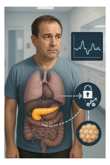 a middle-aged man stands in a clinical setting, with a semi-transparent overlay showing his internal organs. His pancreas is highlighted, and glowing lines or icons indicate disrupted insulin signaling between the pancreas and muscle or fat cells. The man’s expression is slightly concerned, and a digital chart beside him displays fluctuating blood sugar levels. The lighting is realistic, with a clean, modern medical background. in italiano sticker