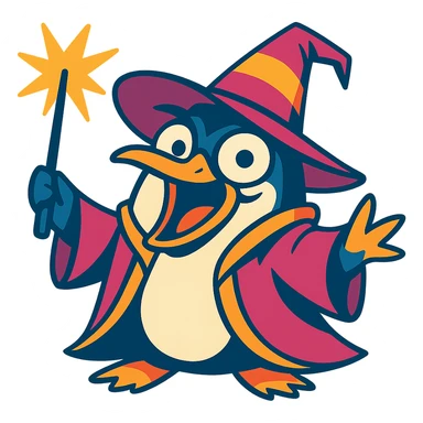 crazy wizard penguin, vibrant cartoon style, wild expression, magical hat, holding a wand sticker
