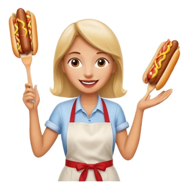 A cheerful woman selling hotdogs, waving a tongs in one hand. sticker