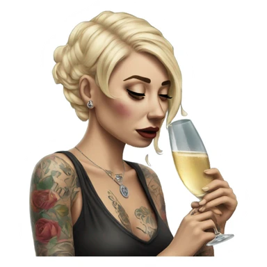 Hyper Realistic Beautiful tattooed woman crying sadly holding champagne  sticker