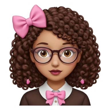medium-lightskin girl with medium length chocolate brown side part curly hair, pink and white bow on the side, with brown glasses, brown eyes, noes piercing sticker