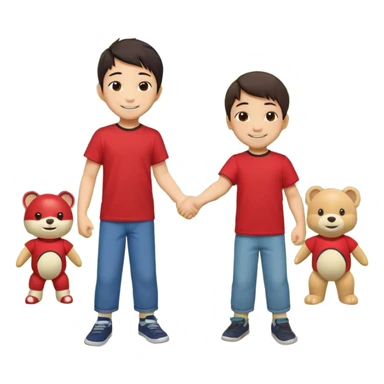 A cute 4-year-old Japanese boy with a big proud smile, shaking hands with another boy to make up after a fight, in a sunny park. Toys on the ground, both looking happy and relieved, warm friendship vibe, cartoonish style, vibrant colors, high detail. sticker