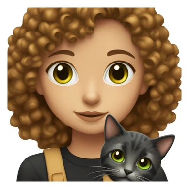 Girl with curly dark brown hair and green hazel eyes with black merled cat sticker