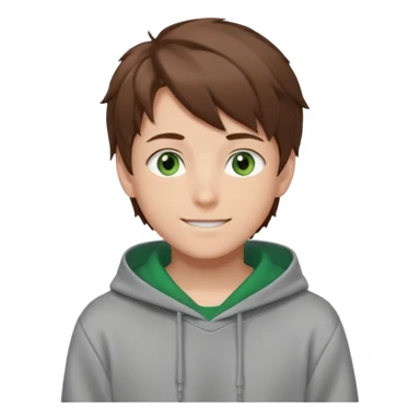 the face of an Anime teen boy with brown hair, green eyes, looking smiling slightly sideways positioned. Face must be main filling of the emoji. A little piece of hoodie can be visible. 128px sticker