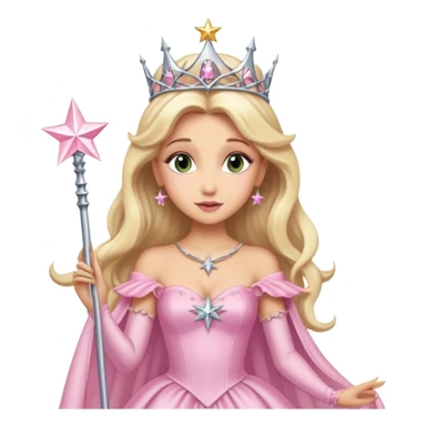glinda the good witch from wicked movie (ariana) blonde hair, beautiful, big silver thin tiara, star wand, pink gown sticker