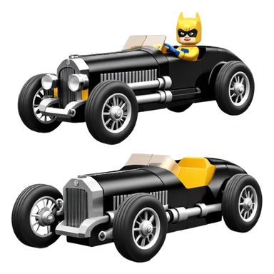 Batgirl’s Lego black Bare bones chopped streamlined sporty roadster (stripped down) hot street rodded engine sports car 1932 Rolls Royce Woody futuristic electric spaceship motors and lightning dynamos with wide racing wheels that are held strong by advanced suspension and steering sticker