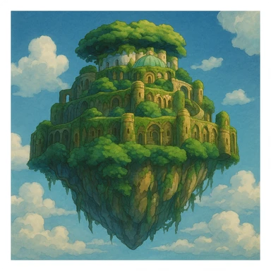 Laputa, the floating island from 'Le Château dans le Ciel' by Studio Ghibli, lush greenery, ancient stone structures, magical whimsical atmosphere, original cartoon style sticker