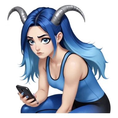 Disapponted-big tears-head back texting on phone-very very large upper body-sexy face-bending forward at waist-very long very straight dark blue to light blue ombre hair-and-blue eyes-thick black eyeliner-cute goat horns-iridescent blue lowcut tanktop with black leggings with glitter superman logo sticker