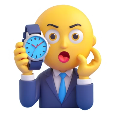 A yellow emoji face with a worried expression, looking at a wristwatch with raised eyebrows, showing urgency and stress sticker