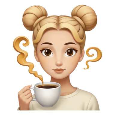 Face: Honey-beige skin (#FAD8B3) with beauty mark under left eye, arched eyebrows forming sharp "^^" shape. Hair: Double-bun hairstyle with steam swirls rising from buns mimicking coffee vapor. Extra: Holding tilted coffee cup where foam art shows 😒 face. sticker