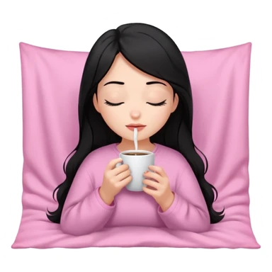 black haired girl inside a pink blanket sipping coffee with eyes closed and lashes sticker