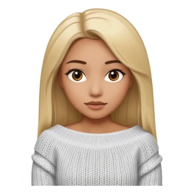 Mujer color de piel moreno claro, con cabello rubio largo, lacio y suelto, ojos negros viendo a la cámara, usando un suéter off shoulders blanco sticker