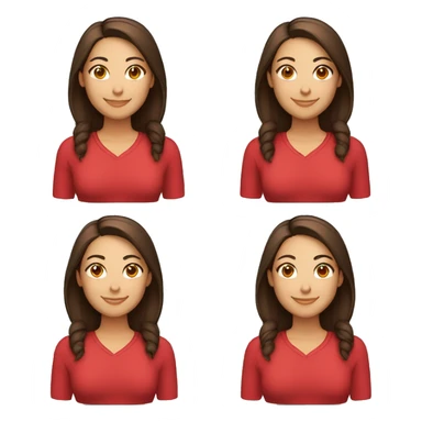 smiling woman with light to medium skin, straight dark brown hair with middle part red shirt  sticker