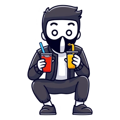 Masked man in dark clothes holding and sipping from a small juice box, comical contrast between serious appearance and childish action sticker