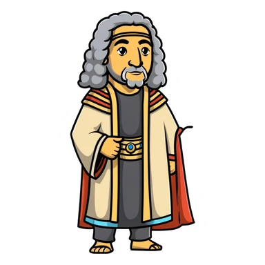 profile portrait of an Egyptian historian with long curly grey hair, wearing an Egyptian cloak, large aquiline nose sticker