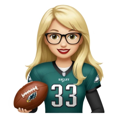 full length women wearing eagles uniform, long blonde hair, even bangs, black glasses, holding football, number 33, smiling, lipstick sticker