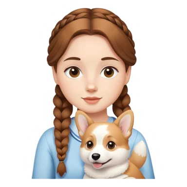 The girl with brown hair in a single braid is holding a white corgi sticker