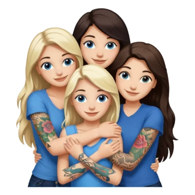 four white girlfriends hugging and smiling    2 women with brown eyes and long dark  hair. Two women with blue eyes and light blonde hair. They like tattoos and getting in trouble  sticker