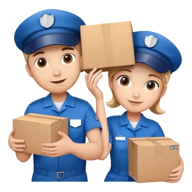 two suppliers in blue uniforms and caps holding a big box together, different pose sticker